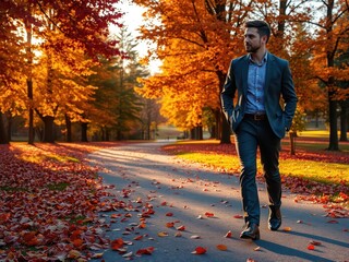 Fototapeta premium Man Walking in Autumn Park