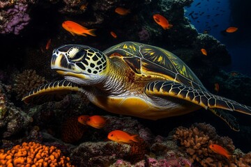 Obraz premium A group of green sea turtles swimming near a vibrant coral reef, surrounded by colorful fish