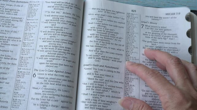 Book of Micah of the Old Testament in the Holy Bible. Close up to passage Micah chapter 6 verse 8.