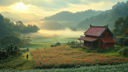 Fototapeta premium Serene Red Roofed House Amidst Lush Green Fields and Misty Mountains at Dawn