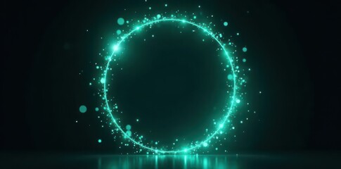 Obraz premium Sparkling teal light circle, abstract frame in black , teal, minimal, frame