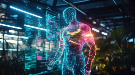 Exploring advanced AI technology through a holographic human figure in a digital environment