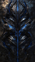 A mysterious dark metallic surface with deep carvings and glowing blue energy patterns resembling an alien artifact.

