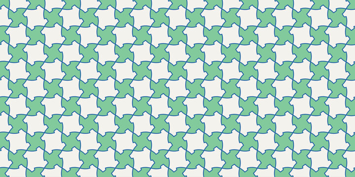 An intricate and vibrant geometric tile pattern featuring a mix of shapes and colors. For backgrounds design projects, and decorative purposes. Blue green cream 035