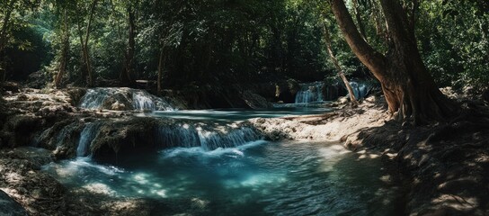 A scenic view of a cascading waterfall in lush green forest