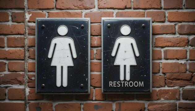 Dark Blue Restroom Signs on Red Brick Wall