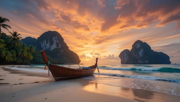 Dramatic Sunset Over Tropical Beach with Longtail Boat