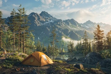 Vibrant Image of Tent Camping Area with Breathtaking Mountain Forest Views