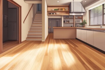 Fototapeta premium An interior view of a modern kitchen and staircase area