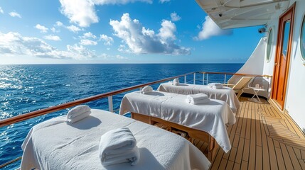 Plakat Luxury cruises vacation exclusive getaway. Relaxing spa area on a cruise ship with ocean view.