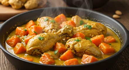 Fototapeta premium A Gambian peanut butter stew with tender chicken pieces, sweet potatoes, and carrots.