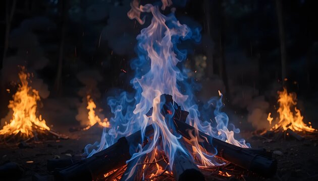 Fiery Blue And Orange Campfire Flames In Dark Forest At Night