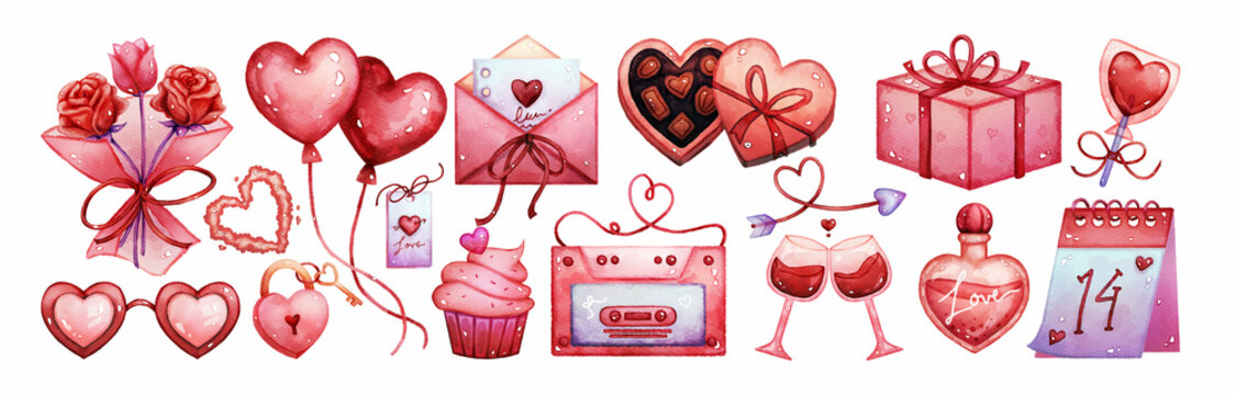 Set of Valentine Essentials Watercolor Illustrations