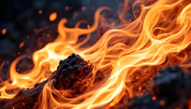 Fiery Flames Engulf Dark Embers in Dramatic Close Up