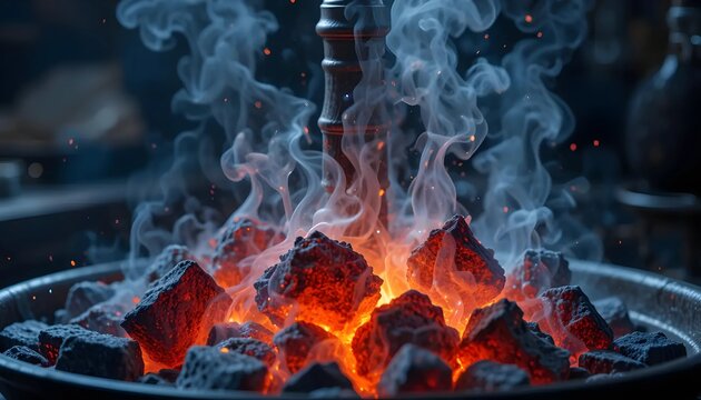 Glowing Embers and Smoke Rise From Dark Metal Bowl