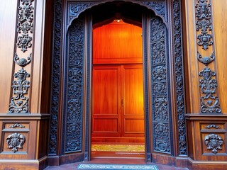 Obraz premium Intricate Carved Wooden Doorway Entrance