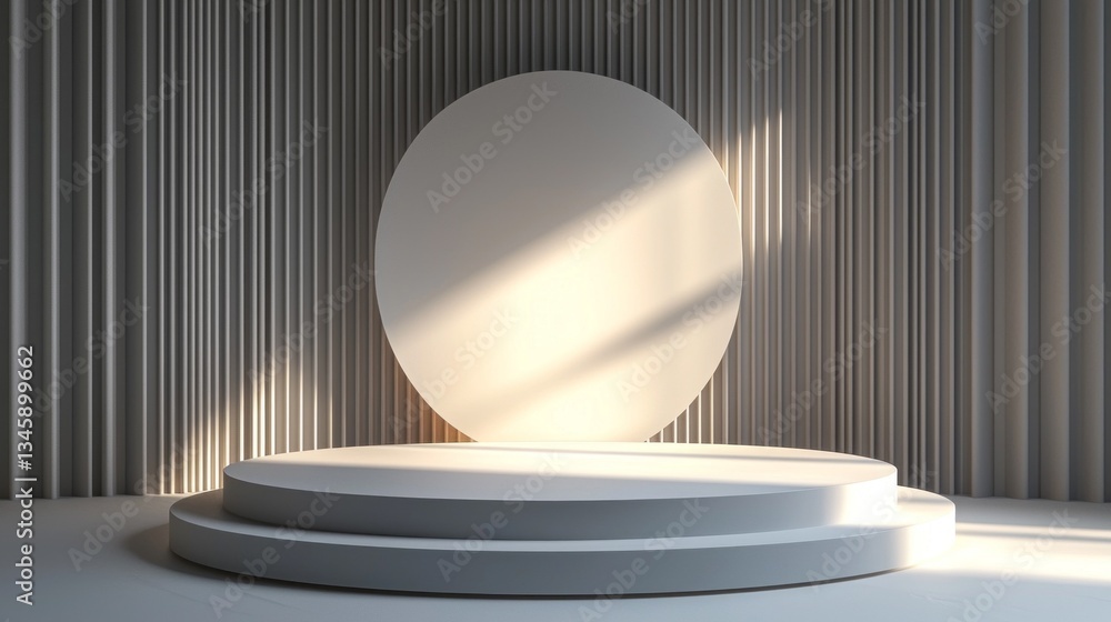 Poster A captivating minimalist stage setup features circular platforms within a softly lit, elegantly designed space. Sunlight casts gentle shadows, enhancing the serene atmosphere