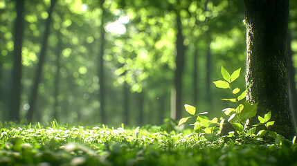 Naklejka premium Lush Green Forest Scene With Sunlight Filtering Through Trees And Grass In The Foreground