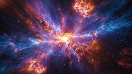 A breathtaking cosmic explosion in deep space, featuring swirling nebula clouds in vibrant blue, orange, and purple hues. A dynamic abstract galactic scene full of energy.