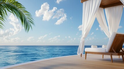 Luxury cruises vacation exclusive getaway. Serene beach view with a lounge chair and flowing drapes.