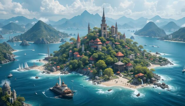 Island Village Seascape: Lush Green Island with Sandy Beach, Ocean, Boats, and Mountains Under a Sunny Sky