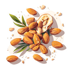 Realistic and artistic representations of almonds, almond farming, processing, and almond-based all isolated on a white background.