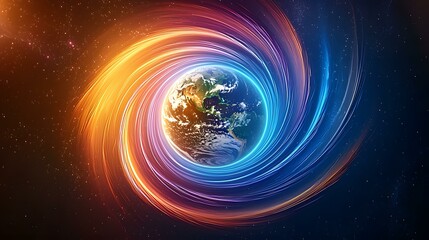 Obraz premium The image shows a stylized depiction of planet Earth, centered within a swirling vortex of vibrant, multicolored light streaks against a backdrop of stars.A swirling vortex of colorful light surround