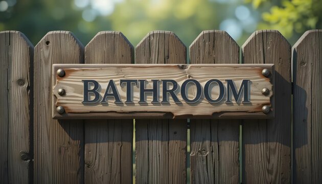 Rustic Weathered Wooden Bathroom Sign on Fence