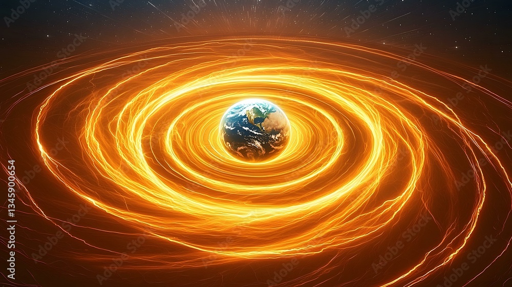Aufkleber the image shows a digital rendering of planet earth nestled within a swirling vortex of bright, fier