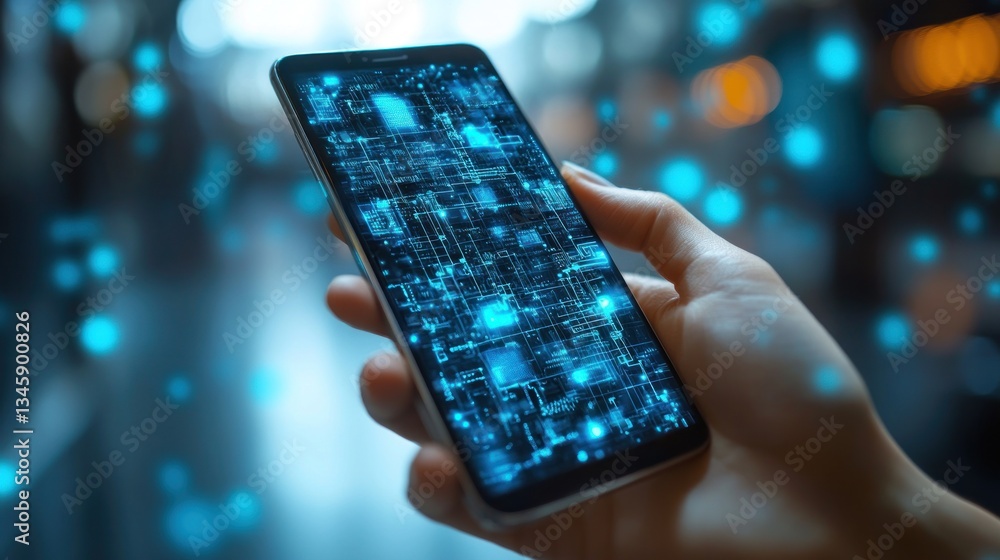 Aufkleber hand holding smartphone displaying digital data.