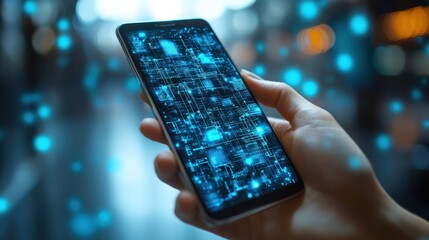 Hand holding smartphone displaying digital data.