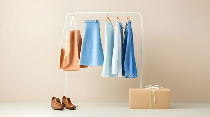 Stylish Clothing Display Against Beige Background