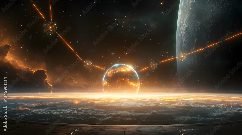 Poster a breathtaking view from a spaceship window shows a fiery orange planet, partially obscured by cloud