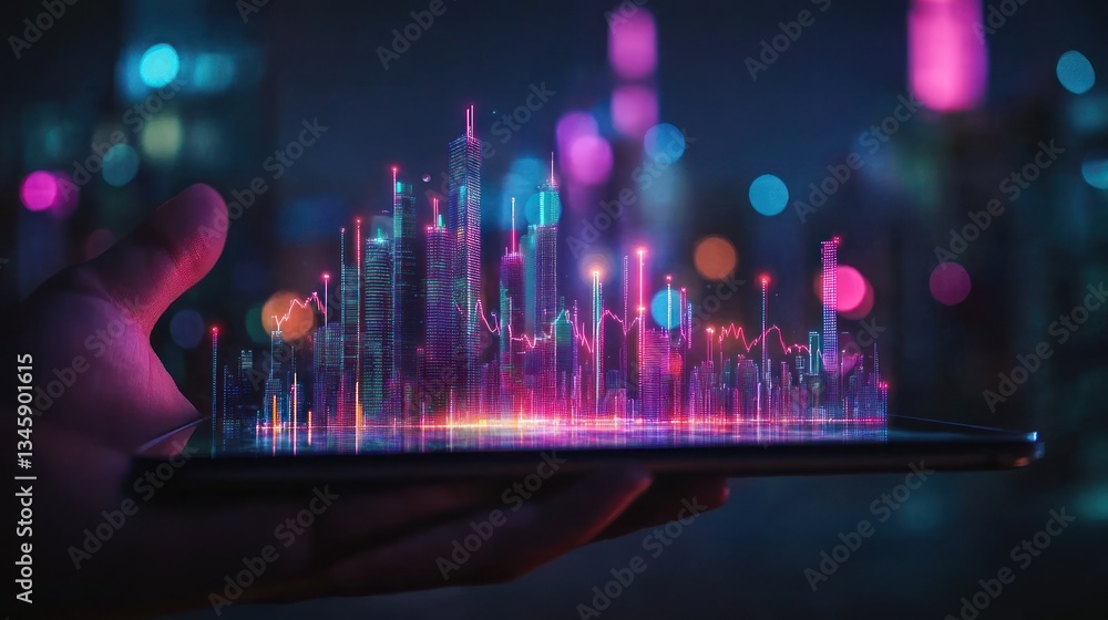 Poster hand holding tablet displaying a futuristic city skyline with glowing data streams.