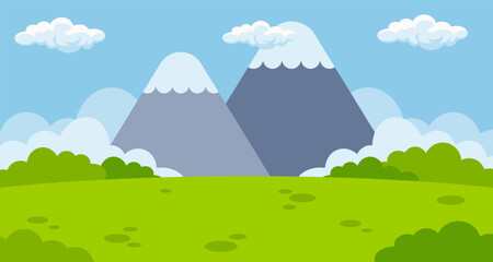 Fototapeta premium Park with mountain landscape scene illustration background with blank space area. Suitable for poster, banner, greeting card.