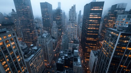 Snow Covered Cityscape at Dawn: Aerial View of Illuminated Buildings