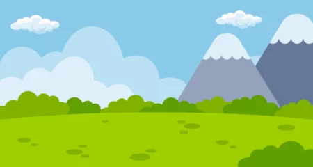 Fototapeten Lindgrün Park with mountain landscape scene illustration background with blank space area. Suitable for poster, banner, greeting card.  © Ferdi Vector