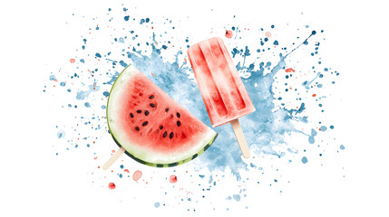 Playful summer color explosion with juicy watermelon and popsicles vibrant splash art bright and cheerful mood