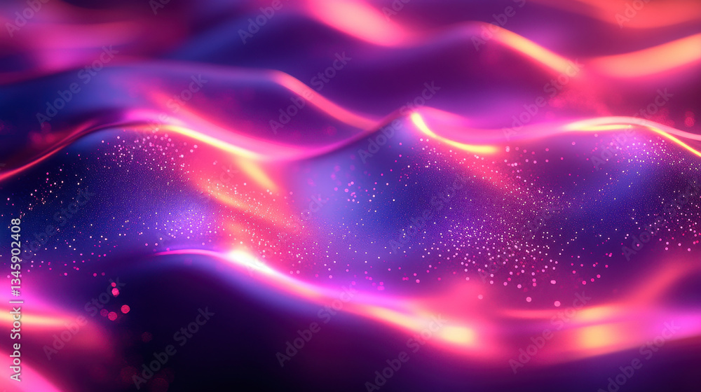 Poster abstract background of holographic waves pattern with smooth magenta reflections and sparkles