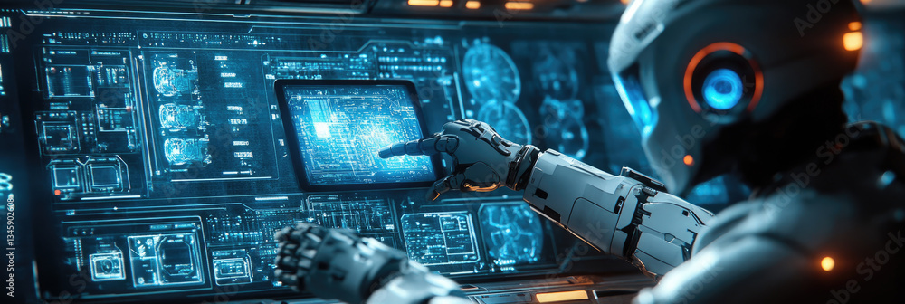 Poster futuristic humanoid robot working on multiple high-tech computer screens in a modern ai research cen