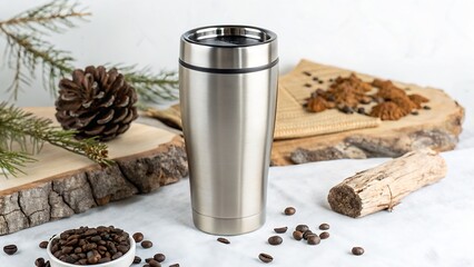 Stainless Steel Travel Mug with Thermal Insulation, Isolated on a White Background, High-Quality Outdoor Travel Stock Photo designed to keep beverages hot or cold for extended hours 