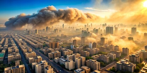 A simulation of PM2.5 dust and smoke in the city that is harmful to people's health.