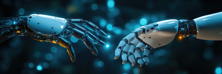 Two advanced robotic hands reaching out, symbolizing technological evolution, artificial intelligence, and human-machine collaboration in a futuristic digital era.Banner