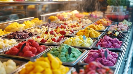 Obraz premium A vibrant selection of vegan frozen treats at a high-end organic market, colorful acai bowls, dragon fruit smoothies, and pistachio gelato displayed in an elegant refrigerated case,