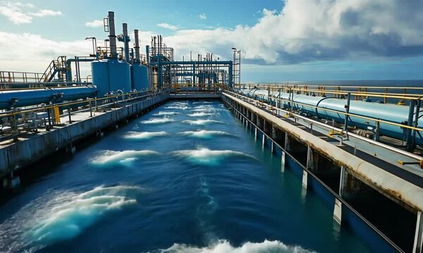 A water treatment plant with pipes, tanks, and bubbling water, under a cloudy, blue sky.