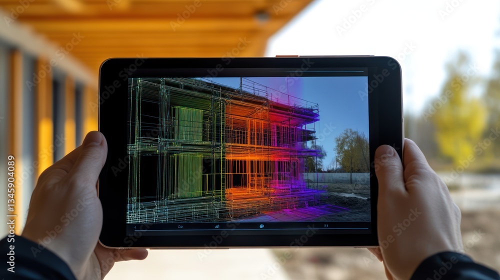 Fototapete hands hold tablet displaying 3d model of building under construction, overlaid on real-life image.