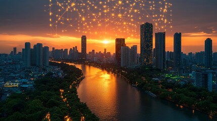 Obraz premium Smart city with eco-conscious businesses practicing sustainability circular economy product lifecycle, Smart City with Eco-Conscious Businesses Practicing Sustainability