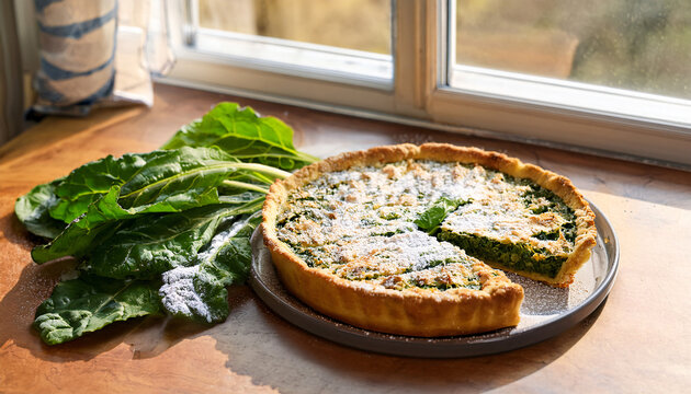 Tourte de Blettes by a Sunny Window &ndash; A unique Swiss chard pie from Nice, with a golden crust dusted with powdered sugar, cut open to reveal its sweet-savory filling
