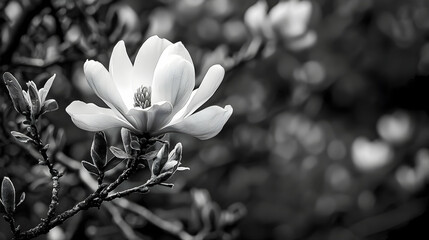 Detailed Black And White Image Of A Magnolia Blossom Displaying Delicate Petals Against A Softly Blurred Foliage Background