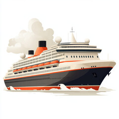 minimalist flat design illustration of large cruise ship sailing on calm waters with smoke rising from its chimneys, Isolated design on white background